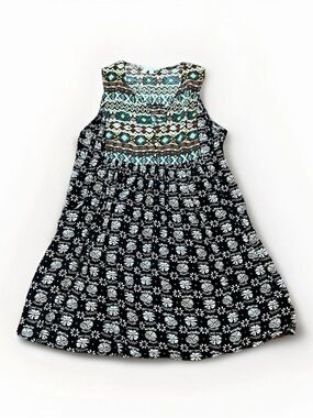 Umgee Black & Teal Boho Mixed Print Tunic Top Size Small Tribal Floral Babydoll